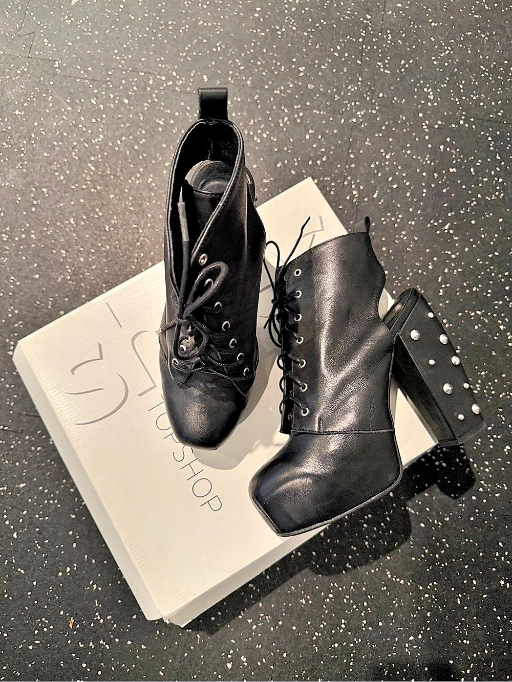 Topshop Ariella Studded Leather Heel Ankle Boots Black